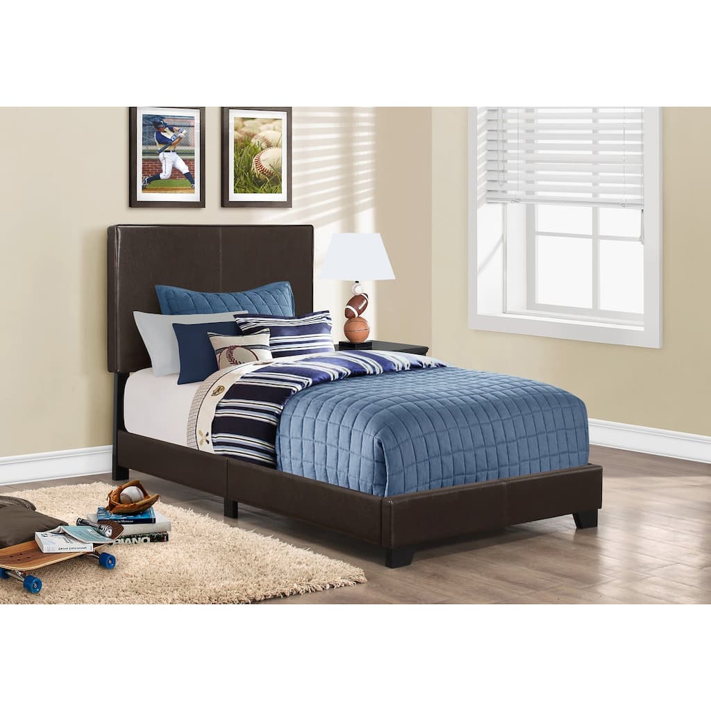 Twin Size Upholstered Brown Leather Look Platform Bed Frame