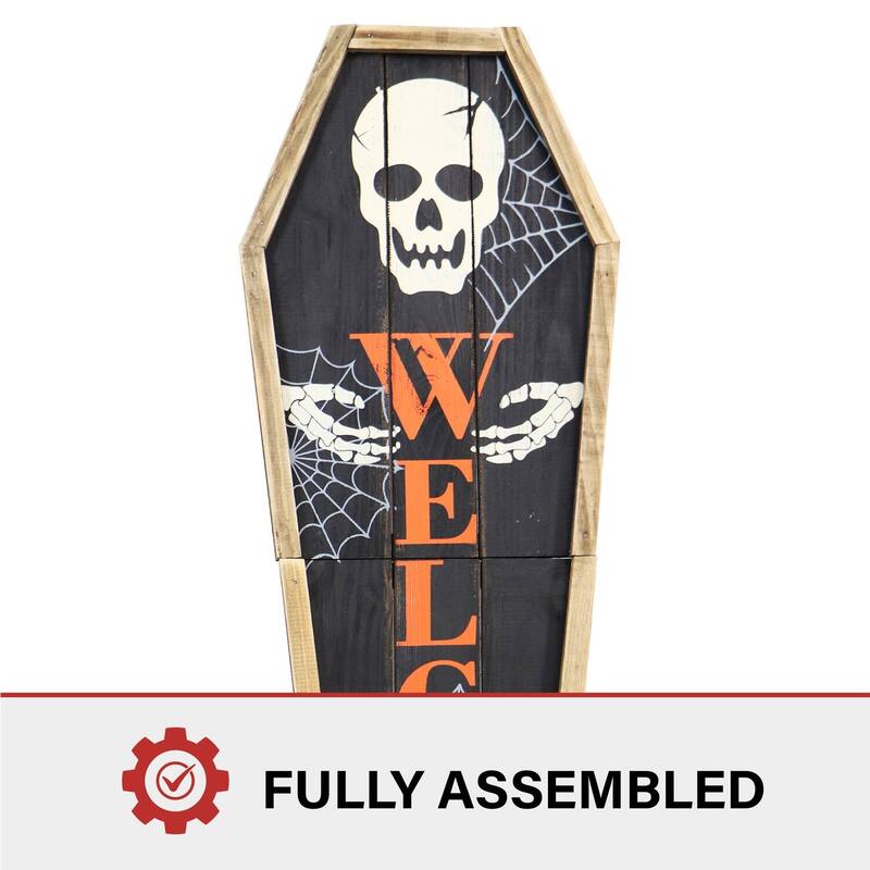 Haunted Hill Farm 33-In. Wood Coffin Welcome Sign with Folding Storage Hinges for Halloween Hanging Decoration