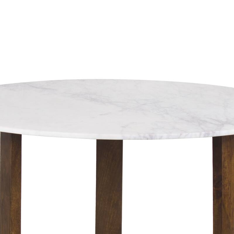 Fina Table, Round White Genuine Marble Top, Natural Brown Mango Wood 3 Leg Sled Base