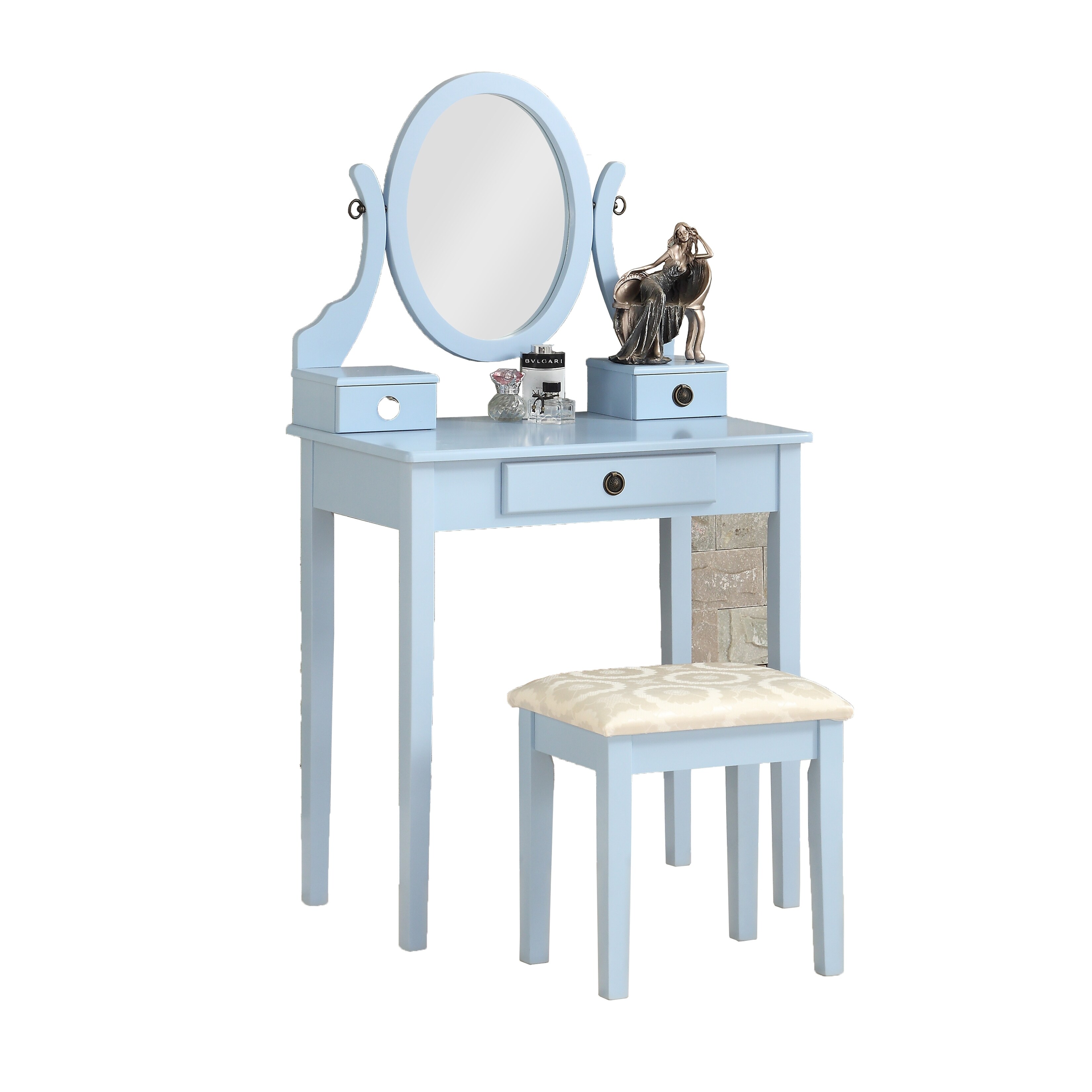 3 Drawers Wood Makeup Vanity Table and Stool Set with Adjustable Oval  Wooden Frame Blue - Bed Bath & Beyond - 42378375