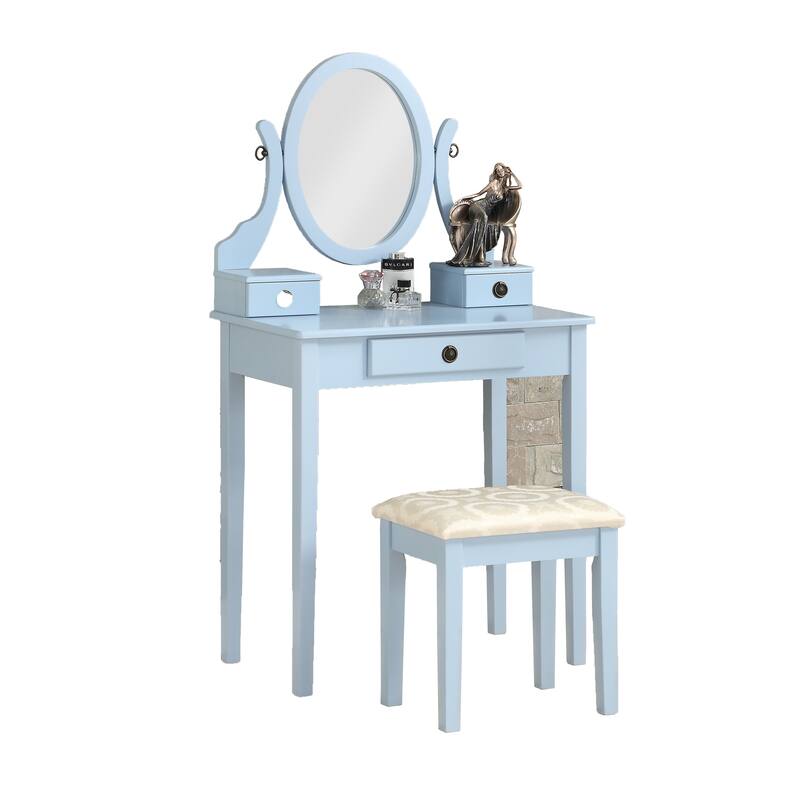 Bedroom Makeup Vanity Desk and Stool Set, Vanity Set Includes Dressing Table, Swivel Adjustable Oval Mirror and Stool
