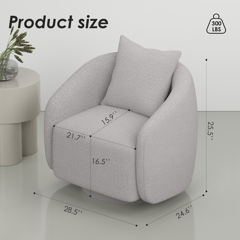 Swivel Accent Chair, Barrel Armchair with Back Pillow & Wood Frame for Living Room, Bedroom, Office