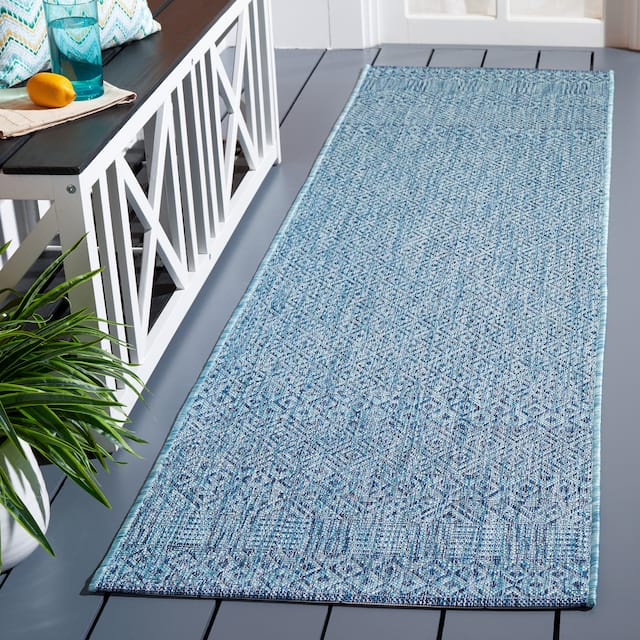 SAFAVIEH Courtyard Terezija Indoor/ Outdoor Waterproof Patio Backyard Rug - 2'3" x 8' Runner - Aqua/Navy