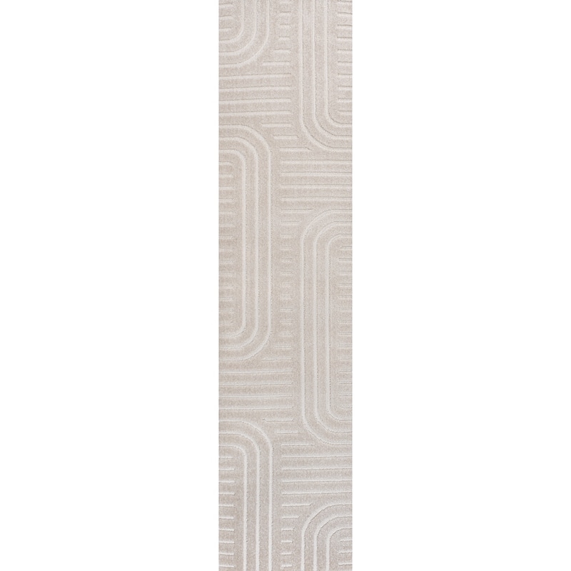 JONATHAN Y Finn High-Low MidCentury Modern Arch Stripe Two-Tone Indoor/Outdoor Rug - 2 X 8 - White/Cream