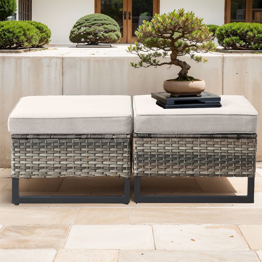 Gymojoy Outdoor Wicker Ottomans with Olefin Cushions