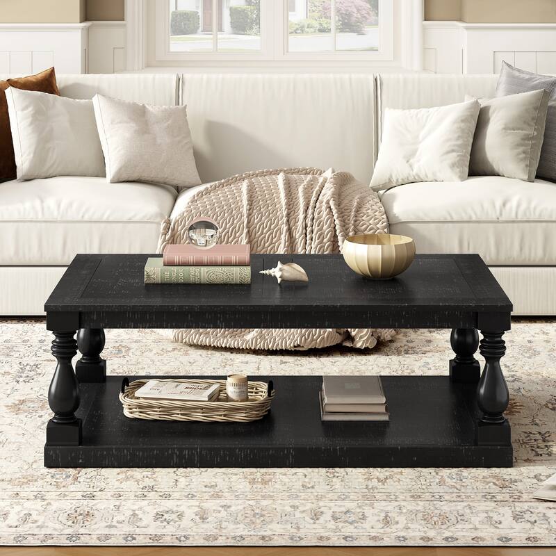 2-Tier Storage Coffee Tables with Vase Column Legs,Antique Wood Coffee Table Farmhouse 45" Rectangular Center Table