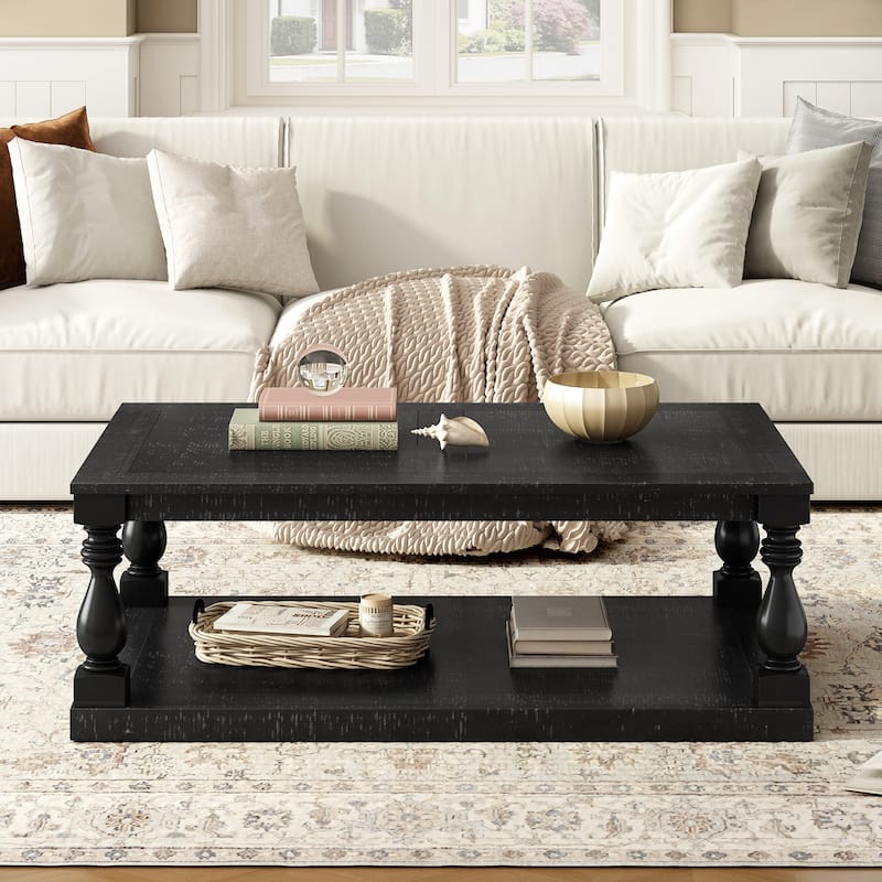 45.2*28.3 Inch Vintage Coffee Table with Bottom Shelf, Solid Wood Vase Column Legs