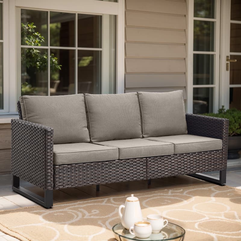 Gymojoy 3-Seat Outdoor Sofa, All-Weather PE Wicker - 1-Piece - Brown Wicker / Grey Cusion