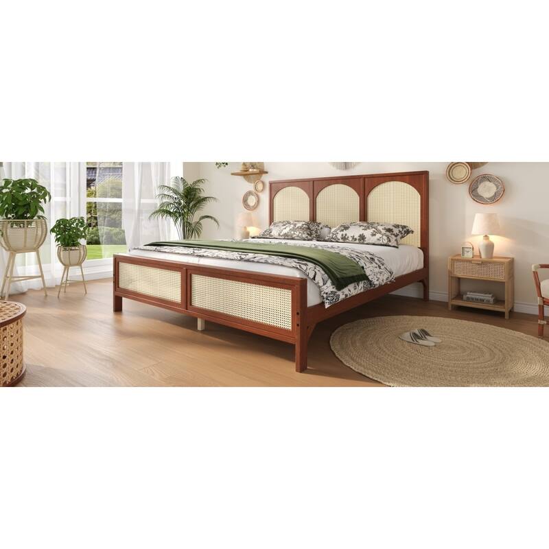 Roomfitters Queen/King Wood Platform Bed with Rattan Headboard and Footboard