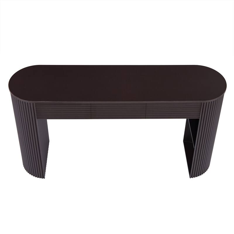 Retro Console Table with Storage, 3 Drawers, 1 Table-Leg Niche, Round Slat Aesthetic, Entryway, Living Room & Hallway