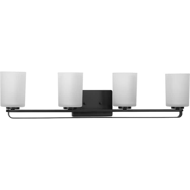 League Collection Four-Light Matte Black and Etched Glass Modern Farmhouse Bath Vanity Light - 32.5 in x 5.5 in x 7.62 in