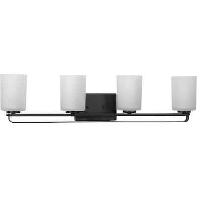 League Collection Four-Light Matte Black and Etched Glass Modern Farmhouse Bath Vanity Light - 32.5 in x 5.5 in x 7.62 in