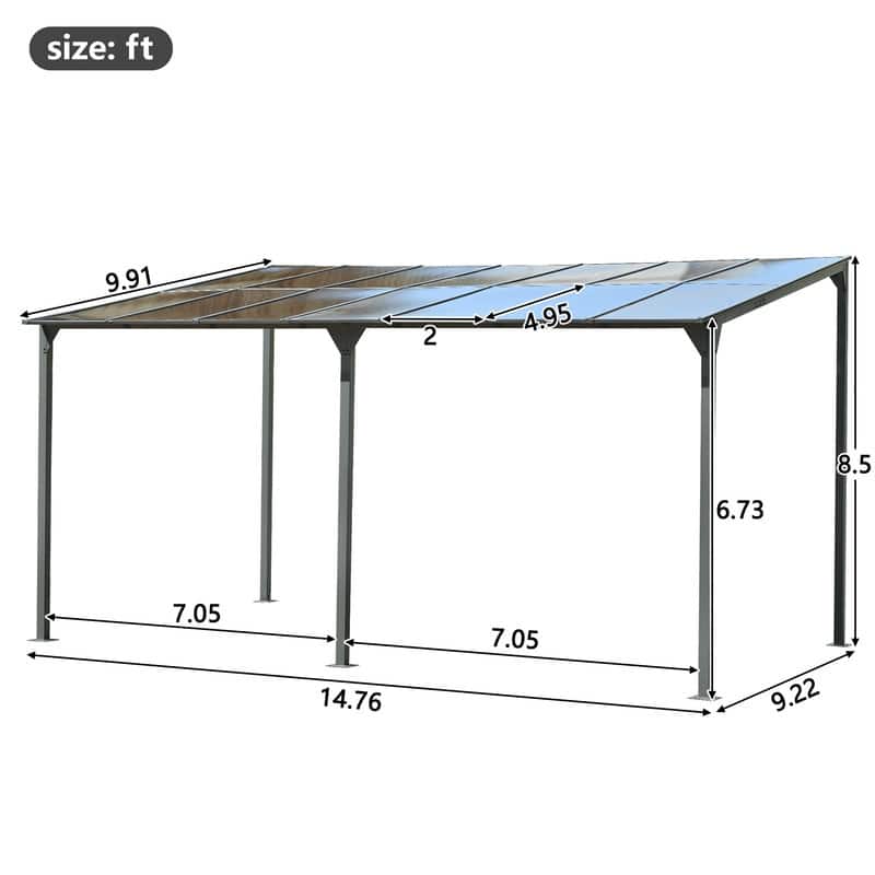 14.76' x 9.22' Wall-Mounted Gazebo – Powder-Coated Iron Frame with Durable PC Roof Panels, Sloped Lean-To Patio Cover