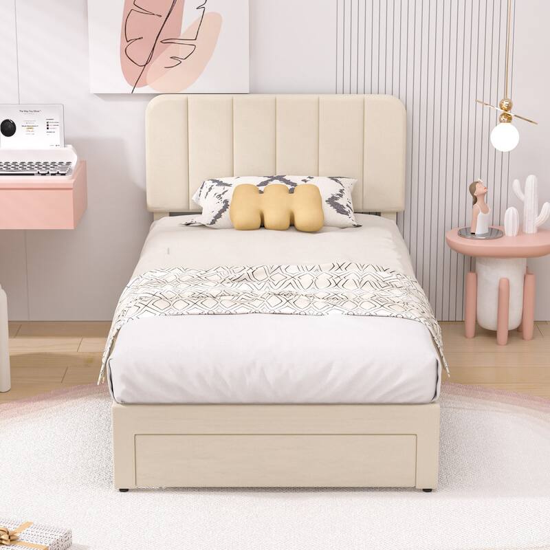 VECELO 2-Pack Kid Bed Frame Set Twin Size Platform Bed with Adjustable Upholstered Headboard Storage Drawer No Box Spring Needed