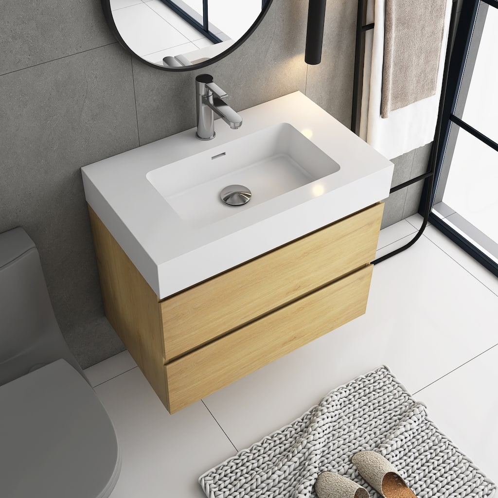 24/30/36 inch Wall-Mounted Bathroom Vanity Set in Oak with Integrated Resin Sink