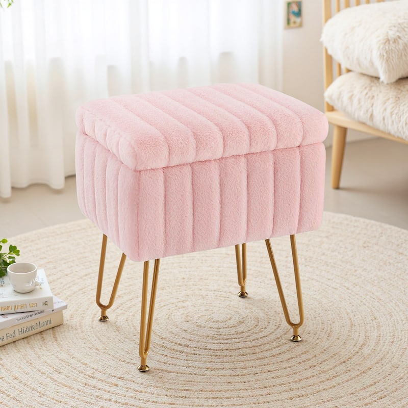 Faux Faric Soft Padded Rectangular Accent Small Ottoman Vanity Stool Chair with Storage & 4 Metal Legs - Pink