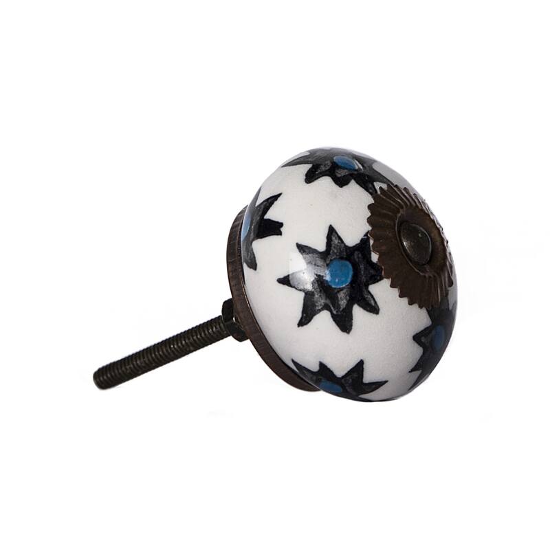 Set of 8 Hand-Painted Ceramic & Metal Drawer Knobs – Black & White Traditional Round Design - 1.5" H x 1.5" W x 1.5" D