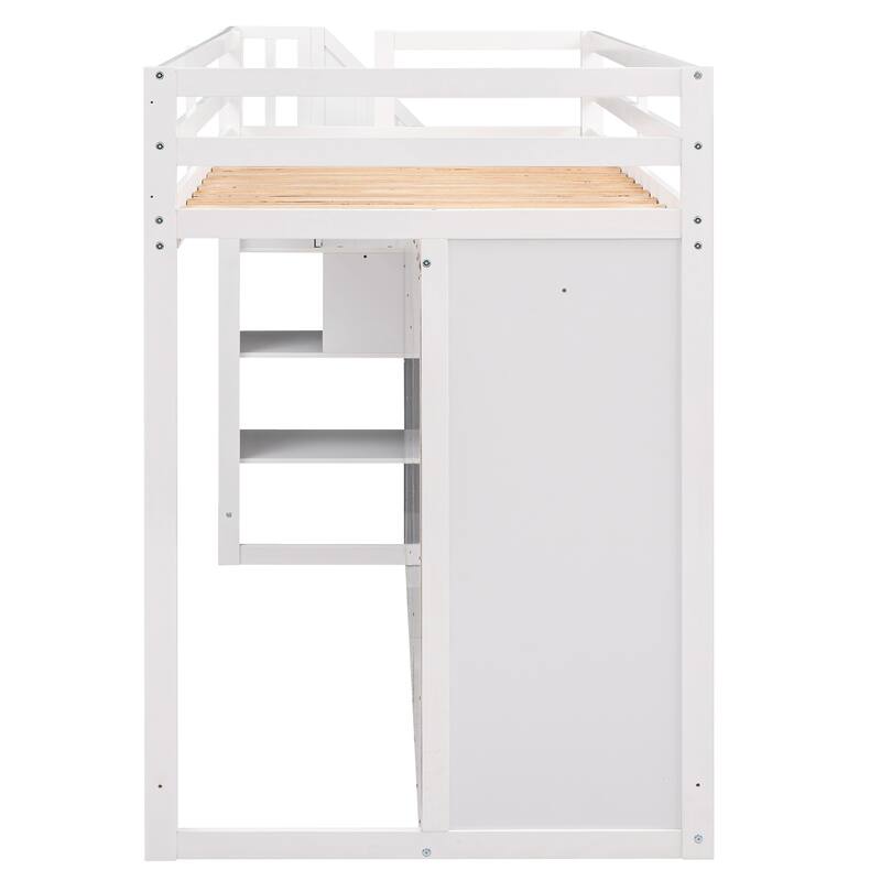 Space-Saving Loft Bed with Shelves, Wardrobes, Drawers, and Storage Ladder, White