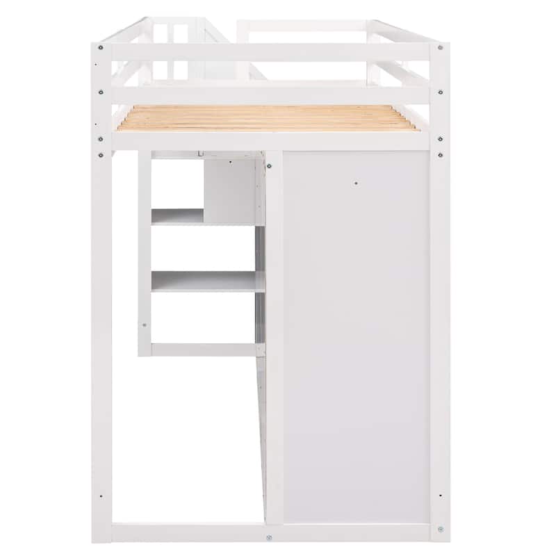 Twin Size Space-Saving Loft Bed with 3 Shelves & 2 Drawers, Solid Wood Functional Loft Bed Frame w/2 Wardrobes & Storage Stairs