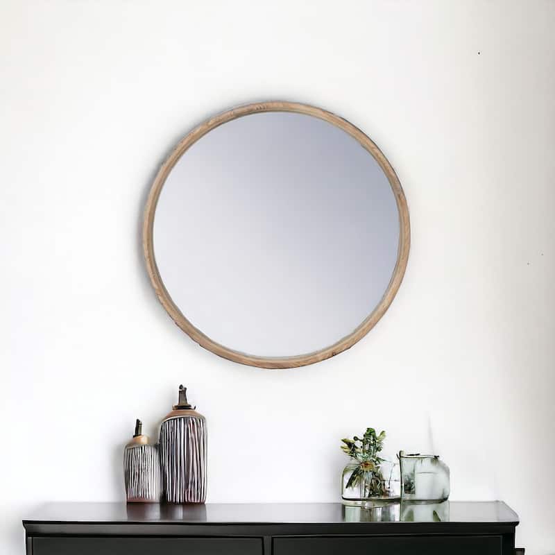 HomeRoots 28" Natural Rustic Brown Wood Frame Round Wall Mounted Accent Mirror - 27.6