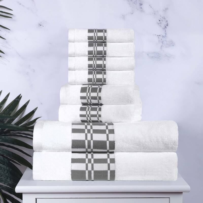 Superior Larissa Cotton Embroidered Geometric Border 8-Piece Towel Set - White