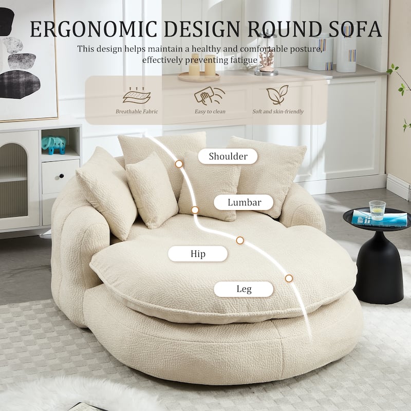 Oversized Oval Upholstered Bean Bag Sofa, Lazy Sofa with 3 Large Pillows and 2 Small Pillows, Wrap Around Backrest