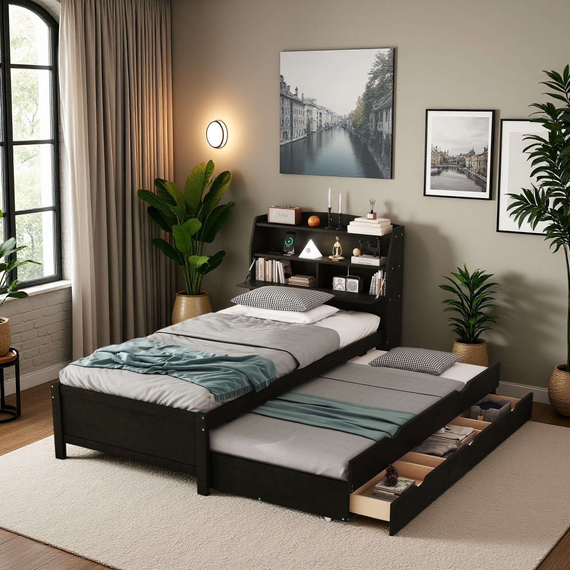 Wooden LED Platform Bed with Trundle, Storage Headboard, and Drawers