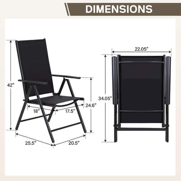dimension image slide 1 of 2, Outdoor 5/7-Piece Patio Dining Set, 7-positon Reclining Folding Sling Chair & E-Coating Metal Steel Table