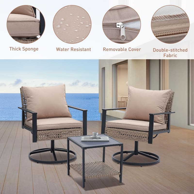 Ainfox 3 Pieces Patio Outdoor Furniture Set with Coffee Table, PE Wicker Swivel Rocking Chairs