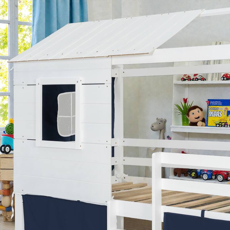 Twin/Full Wood House Bunk Bed with Tent, Playhouse Design, Windows & Roof, Solid Wood Frame, No Box Spring Required