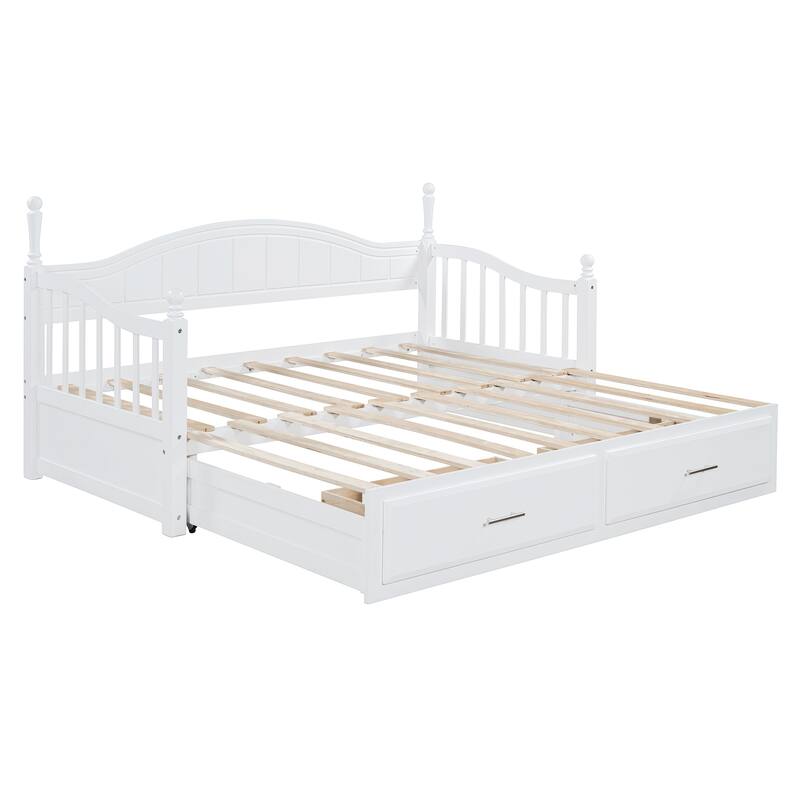 Twin Size Wooden Daybed with Two Storage Drawers and Trundle for Bedroom