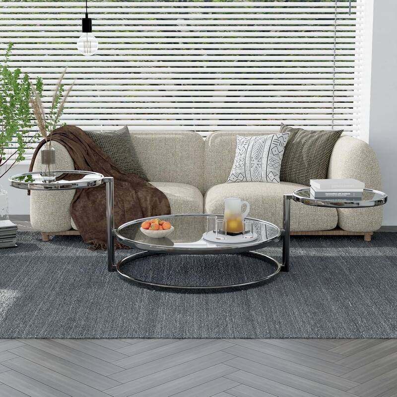 Round Coffee Table 30 inch Motion Tempered Glass Coffee Table with 3 Tier 360 Degree Swivel Top