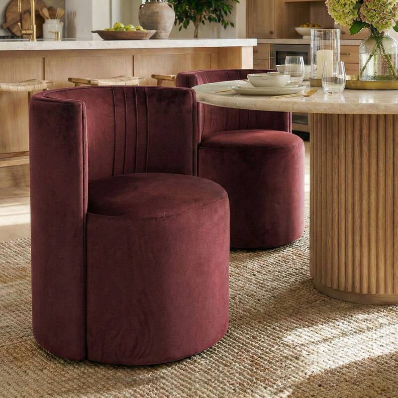 Velvet Swivel Dining Chairs with Rolling Casters, Upholstered Barrel Back Dining ArmChairs - Set of 2 - Burgundy-2-piece