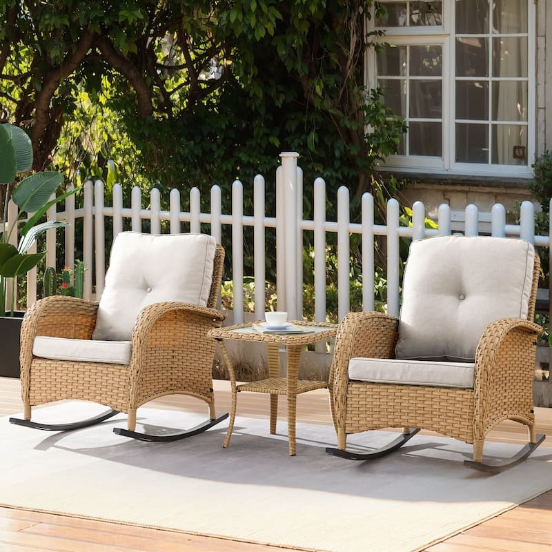 Pocassy Outdoor Wicker Patio Chairs Set - Yellow Wicker Beige Cushion - 2PCS Rocker Chairs w/ 1PC Side Table