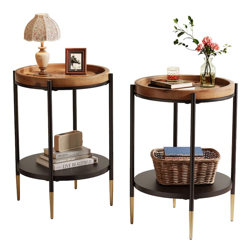 Round End Table Set of 2, Solid Wood Tray Top Side Table, Unique Patterns