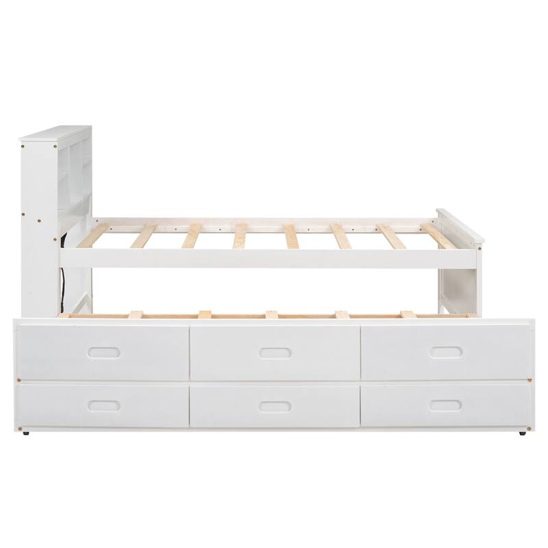 Platform Bed with Storage Headboard, USB, Twin Size Trundle and 3 Drawers