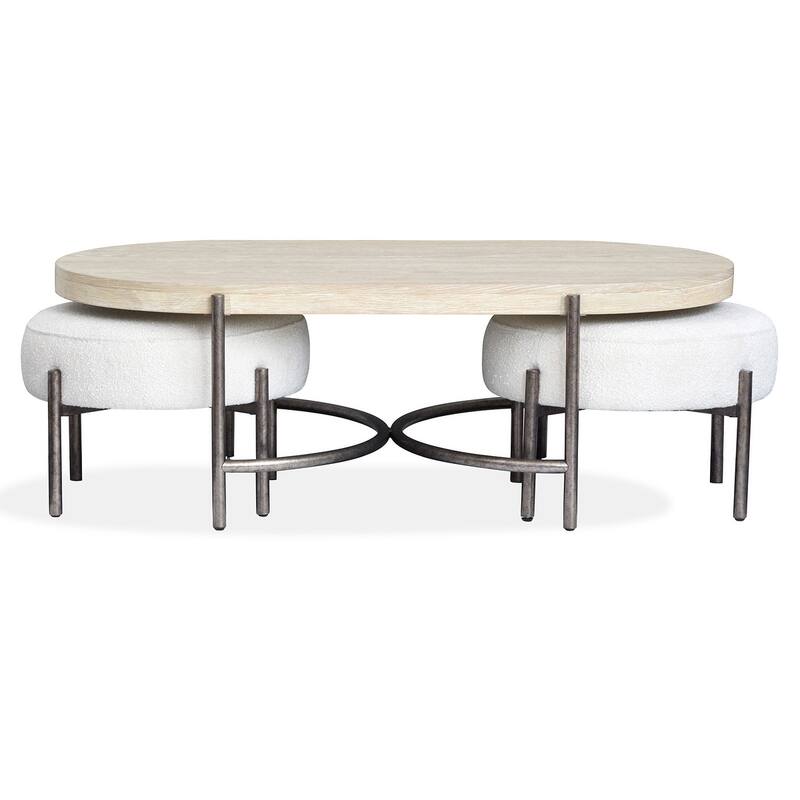 Magnussen Home Jennings Edgecomb Grey and Weathered Antique Nickel Oval Cocktail Table with 2 Ottomans - 52''W x 30''D x 18''H
