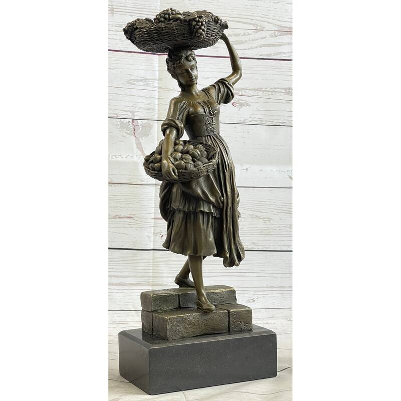Farmer Girl Carrying Basket Of Fruits Bronze Statue Sculpture 15.5 Inches X 6 Inches