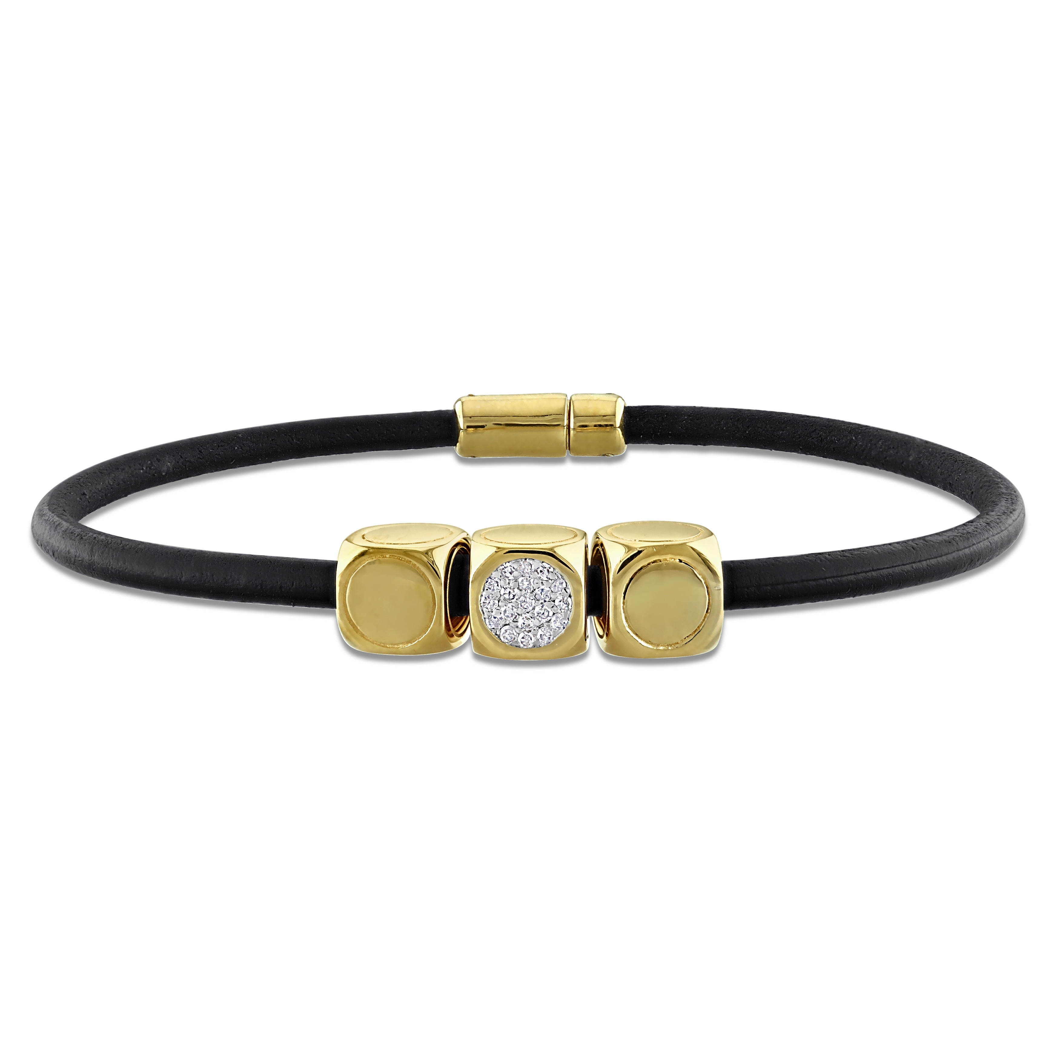 Miadora Diamond Cube Charm Bracelet Black Leather and Yellow Silver (1/10ct TDW)