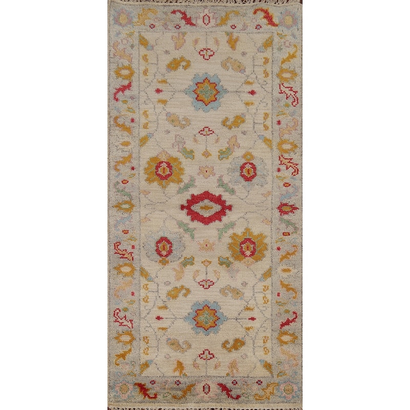 All-Over Floral Oushak Indian Foyer Rug Hand-Knotted Wool Carpet - 2'7"x 5'10"