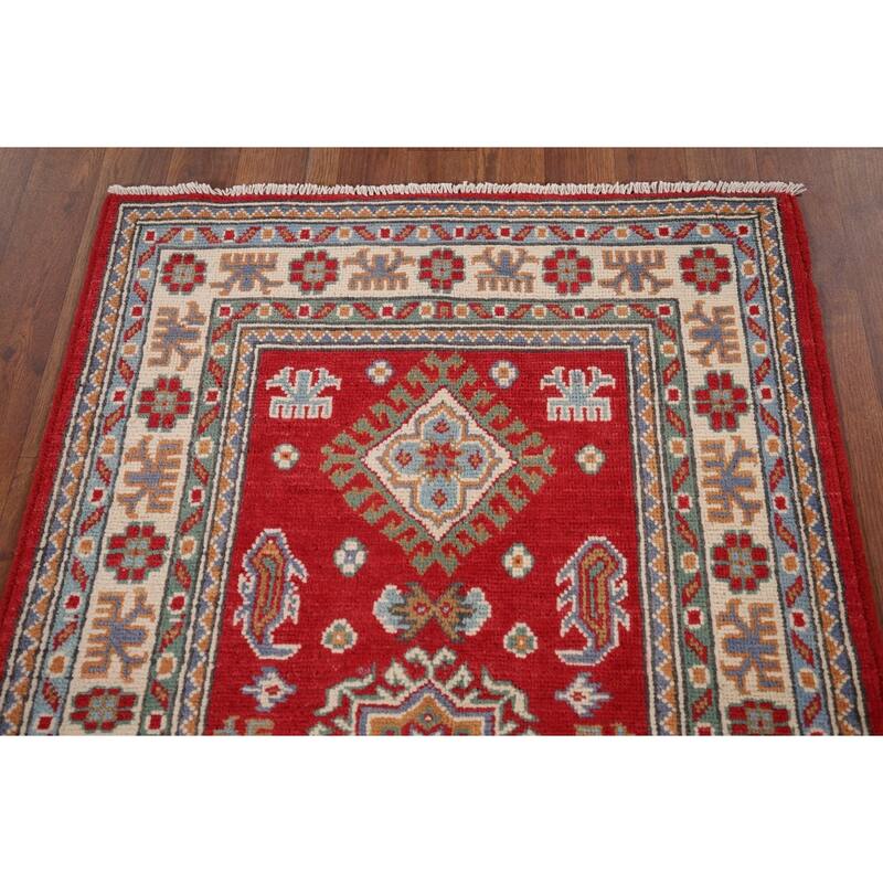 Geometric Red Kazak Oriental Accent Rug Hand-Knotted Wool Carpet - 2'8" x 4'1"