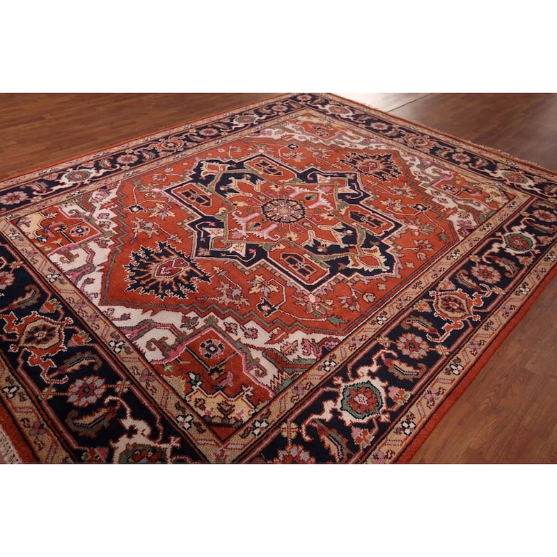 Geometric Heriz Serapi Indian Area Rug Hand-Knotted Wool Carpet - 8'0" X 10'4"