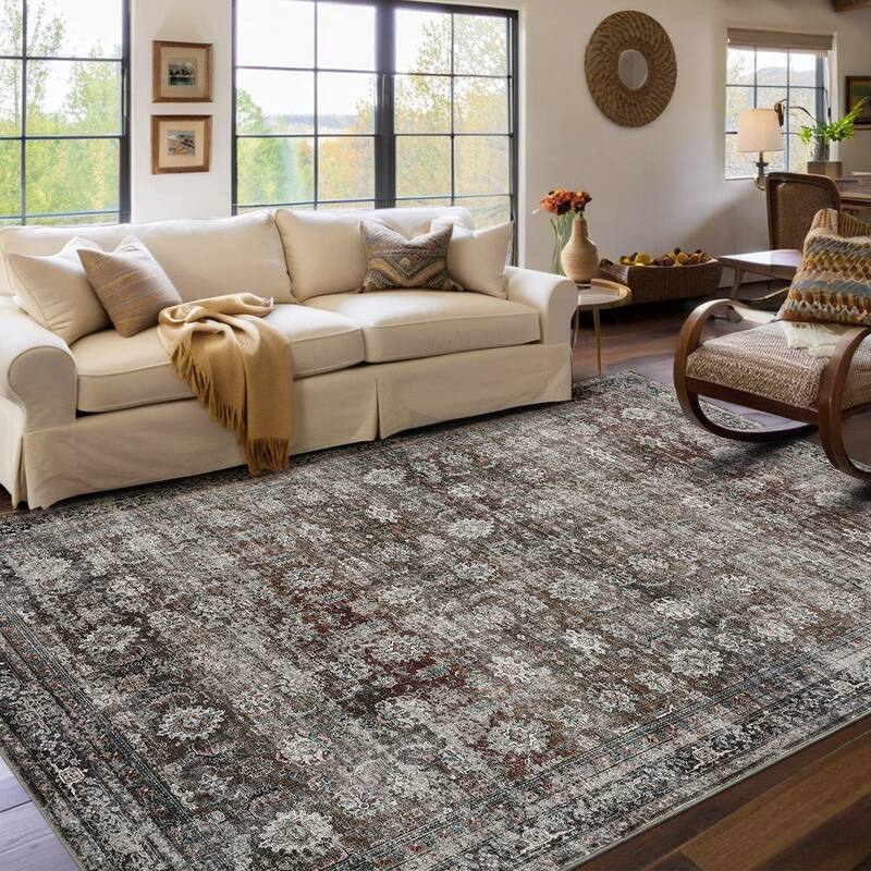 Area Rug Vintage Washable Floral Distressed Living Room Rugs, Soft Low Pile Non-Slip Rugs for Bedroom - 10'x13' - Retro Red