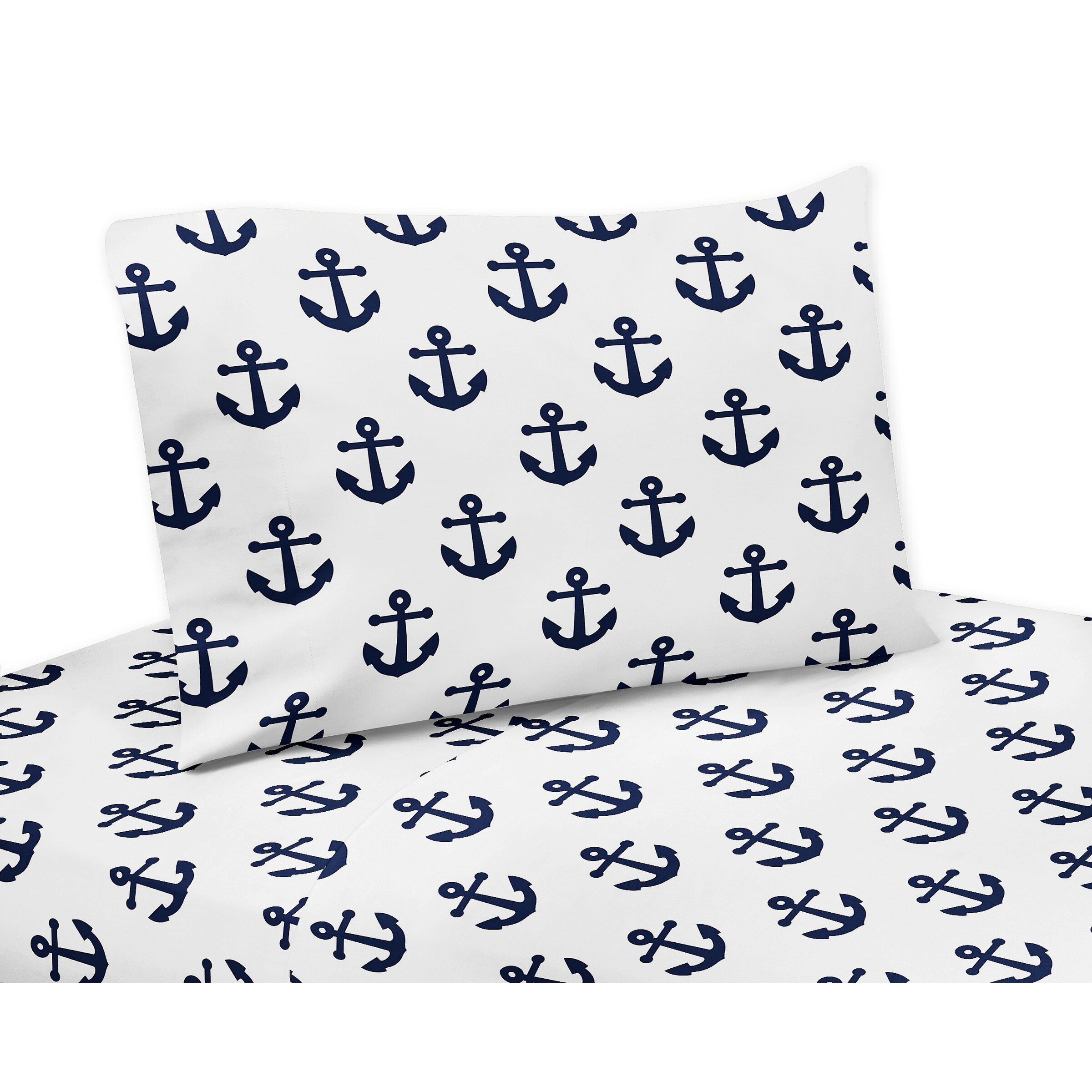 Navy Blue White Anchors 4-piece Queen Sheet Set - Nautical Theme Ocean Sailboat Sea Marine Sailor Anchor Unisex Gender Neutral