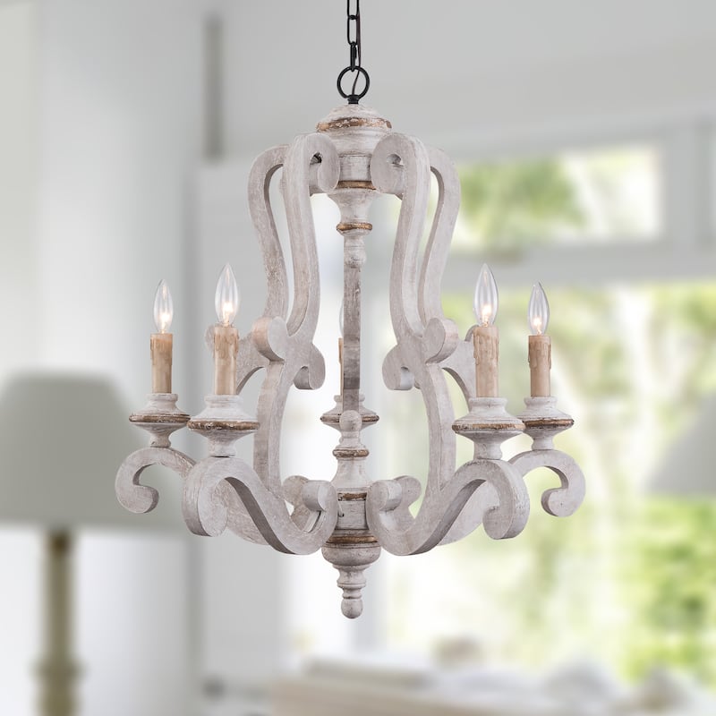 Cusp Barn Farmhouse Antique 5-Light Wood Candle Chandelier Empire Shabby Ceiling Light for Dining Room Entryway - Distressed White