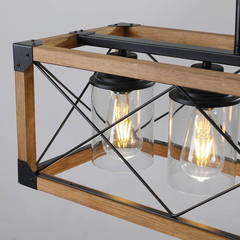 32" Wood Industrial Farmhouse Rectangle Pendant Light, 5-Light Chandelier with Lampshade for Dining Room (No Bulbs)