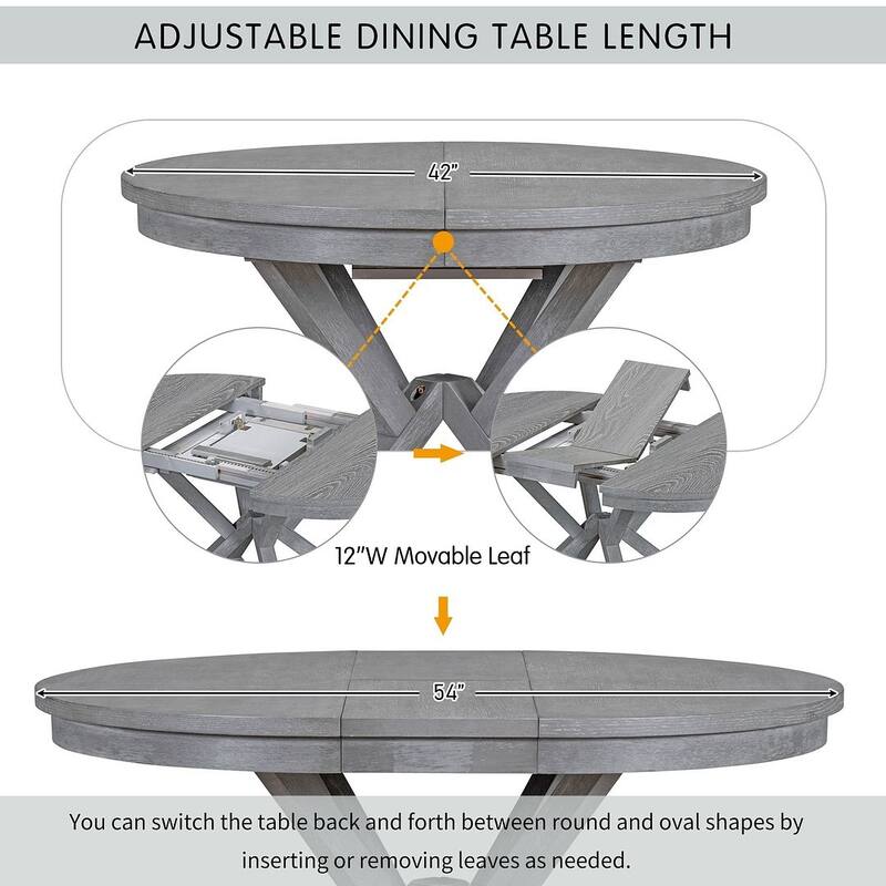 5 PCS Retro Functional Dining Table Set for 4 Extendable Round Table and 4 Upholstered Chairs