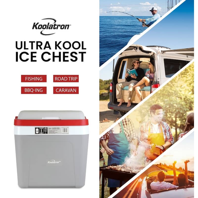 Koolatron Ice Chest Cooler w/ Locking Carry Handle, 25L (26 qt), 32 Can Capacity, Gray and Red