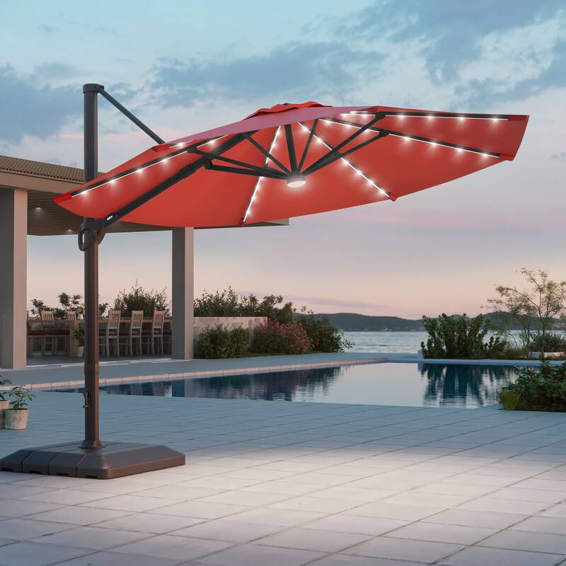 LIVOOSUN 11Ft LED Patio Hanging Octagon Cantilever Umbrella with 360-degree Rotating Canopy - Red