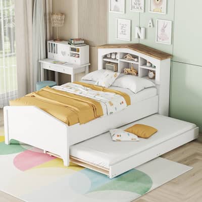 Twin Size Wood Platform Bed with House-Shaped Storage Headboard and Twin Size Trundle, No Box Spring Required